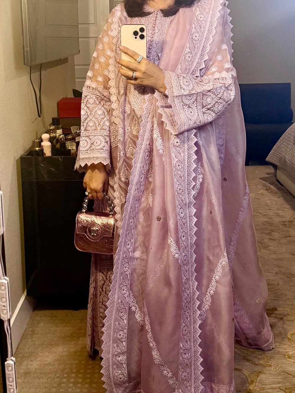 Elegant Long Sleeve Embroidered Maxi Dress in Dusty Lilac